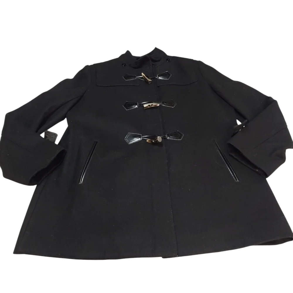 Liz Claiborne Pea Coat Women's Black Wool Blend Zipper/Button Pea Coat Size L - Picture 3 of 11